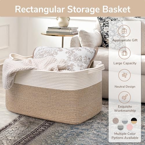 Goodpick Large Woven Rope Blanket Basket, Rectangle, White & Camel Mix - Image 7