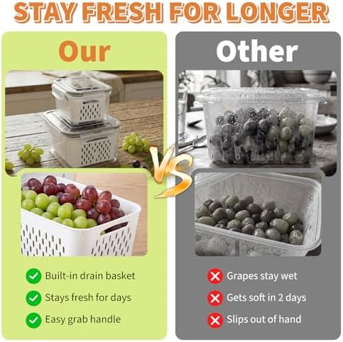Fruit Storage Containers for Fridge, Grape Containers with Built-In Drain Basket, 2-Pack No-Leak Design, Saves Space, Durable and Easy to Clean, Easy Grab Handle, Keeps Grapes and Berries Fresh - Image 4