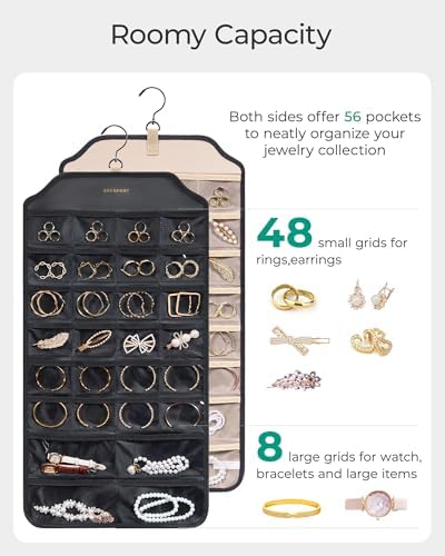 BAGSMART Earring Holder Organizer, Hanging Jewelry 56 Pocket Storage Storage for Women Accessories, Earring for Wall Holding Jewelries Black, 1 Piece - Image 2