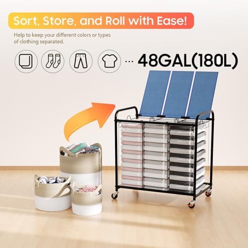 180L Laundry Sorter 3 Section, Rolling Laundry Basket with Wheels and Lid - Image 6