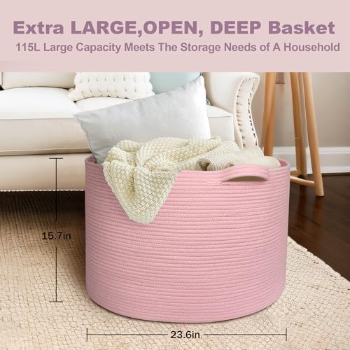 MEGASKET 115L Oversized Pink Basket, 23.6"x15.7" Woven Cotton Rope Bin with Handles, XXXL Blanket Storage for Living Room, Kids Toy Storage Bin Box, Baby Laundry Basket for Organizing, Pink Room Decor - Image 3