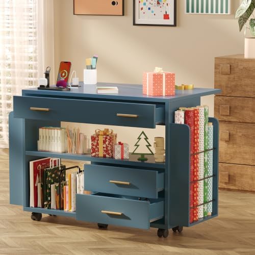 Gift Wrapping Station Cart with Foldable Drop Leaf, Crafting Storage Table - Image 3
