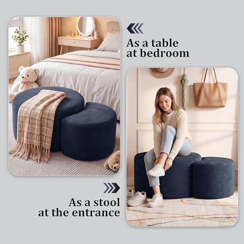 BSHOMGI Nesting Coffee Table Set of 2,Corduroy Ottoman Soft Foot Rest Movable LargePouf Footstool for Living Room Sofa Couch Bedroom Entryway and Small Spaces No Assembly (Blue, 32"+17") - Image 4