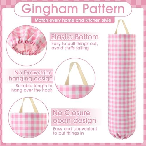 Gingham Plastic Bag Holder for Grocery Bag, Pink - Image 4