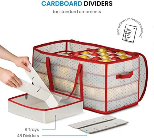 ZOBER Christmas Ornament Storage Box - Stores 128 Ornaments W/ 2 Sided Zipper - Flexible Plastic Christmas Ornament Storage Containers - 3 Inch Cube Compartments - Red - Image 3