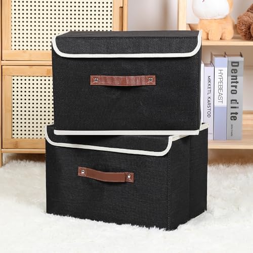 ANMINY Fabric Storage Box Bins with Lids, Black, 13"x9"x7.9" - Image 2