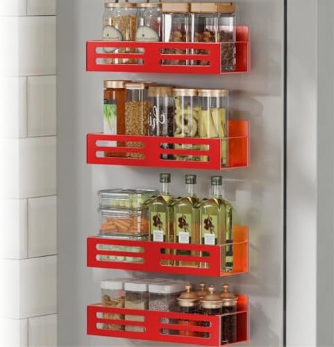 Magnetic Spice Rack for Refrigerator, Metal Spice Rack Organizer, Magnetic Shelf for Fridge 4Pack Red by Roysili