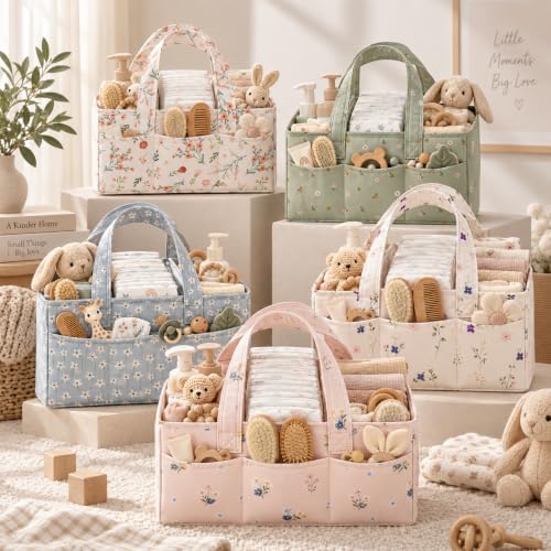 PeraBella Baby Diaper Caddy Organizer 3 Pcs Set, Floral Baby Basket Shower Gift, Nursery Organizer Basket for Newborn Boy Girl Essential Items, Changing Table Organizer Caddy for Baby Stuff, Car Caddy - Image 7