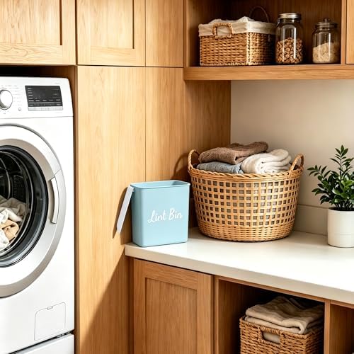 Magnetic Lint Bin with Lid for Laundry Room, Compact Plastic Dryer Lint Holder, Small Laundry Trash Container for Dryer Lint & Used Dryer Sheets, Space Saving Storage Decor Organizer (Blue) - Image 3