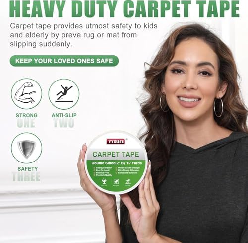 YYXLIFE Double Sided Carpet Tape for Area Rugs & Hardwood Floors, 2" x12YD - Image 2