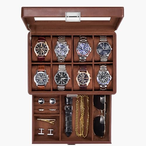 ProCase Premium Watch Box for Men, Jewelry Organizer Box with Drawer, Display Storage Case with Glass Lid -Brown, 8 Slot by ProCase
