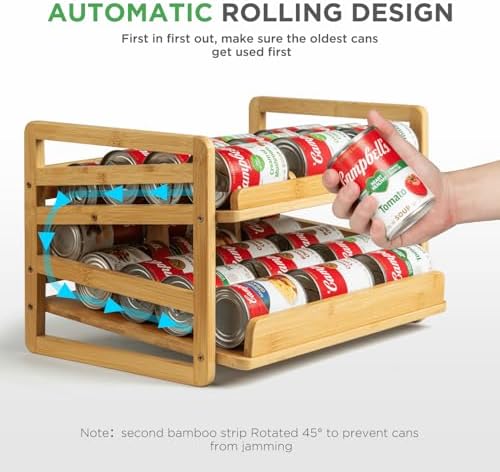 2 Tier Bamboo Rolling Can Rack Organizer for Pantry Up To 27 Cans - Image 5