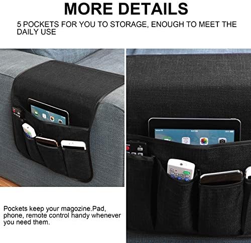 Sofa Armrest Organizer Non-Slip Remote Control Holders for Recliner Couch Chair Armchair Caddy with 5 Pockets for Table,Cell Phone,Ipad,Magazines,Books (Black, 13 x 35 Inch) (Pack of 2) - Image 2