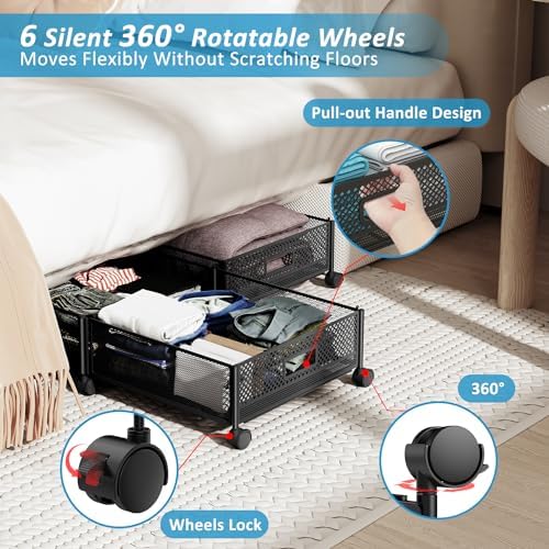Under Bed Storage with Wheels 47.2"(L)/57.6L Large Rolling Under Bed Storage, Metal Underbed Containers on Wheels, Tool-Free Assembly Foldable Metal Underbed Drawers for Shoes Clothes Toys - Image 4