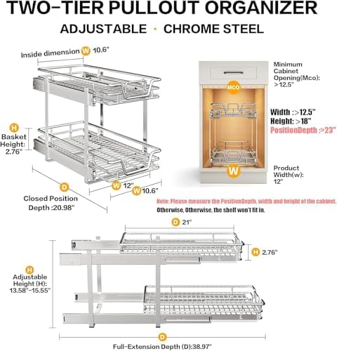 2-Tier Kitchen Cabinet Pull Out Shelf and Drawer Organizer Slide Out Pantry Storaqe Basket in Multiple Sizes (11" W x 18" D) - Image 2
