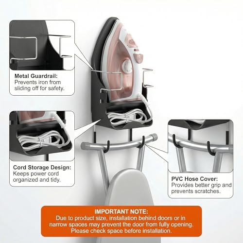 DOUBLE 2 C Ironing Board Hanger Wall Mount Electric Iron Holder Iron and Ironing Board Storage Organizer Shelf with Removable Hooks for Household Bathroom Laundry Room (Black) - Image 2