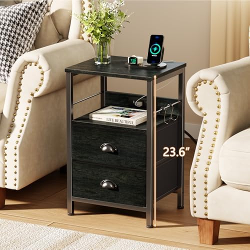 Furologee Nightstand with Charging Station for Bedroom, 2 Fabric Drawers - Image 2