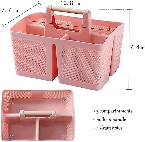 rejomiik Portable Plastic Shower Caddy with Bamboo Handle, Pink - Image 3