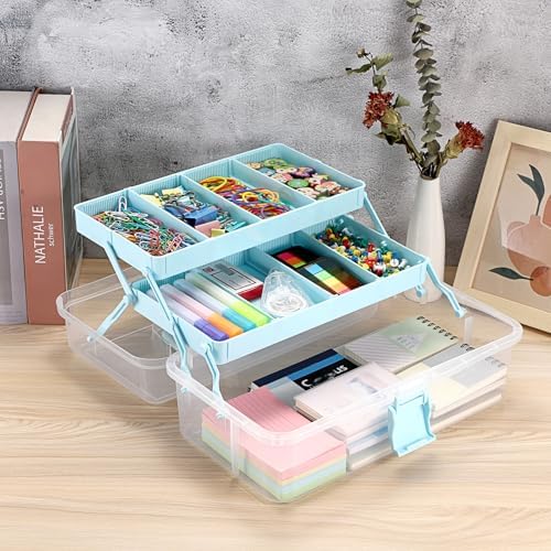 BTSKY 3-Layer Clear Plastic Dividing Storage Box Craft Organizer and Storage with Adjustable Spacers Portable Handled Art Supply Organizer Multipurpose Home Utility Box Sewing Organizers (Blue) - Image 2