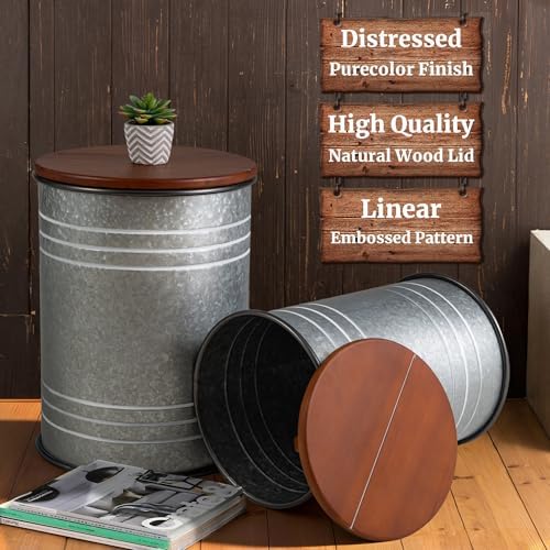 Glitzhome Rustic End Table Set of 2, Farmhouse Galvanized Metal Barrel Ottoman Storage Stool with Round Wood Lid for Living Room Furniture, Grey - Image 4