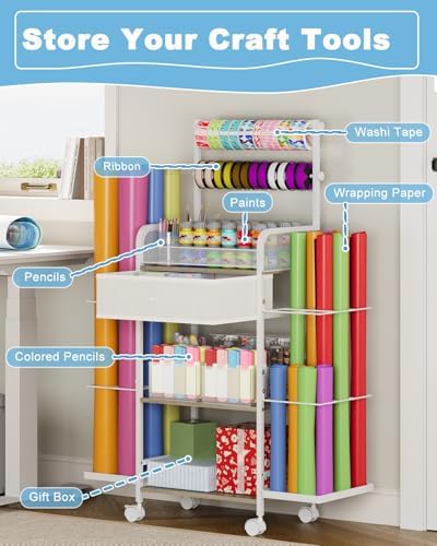 Rsaayekkt Rolling Wrapping Paper Storage Cart with Fabric Drawer White - Image 4