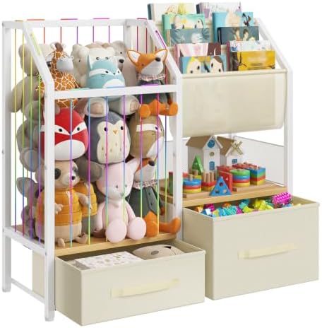 HOOBRO Kids Bookshelf and Toy Storage Organizer, Stuffed Animal Storage with Sling Bookshelf and Non-Woven Drawers, Children Bookcase for Nursery, Playroom, Kids Room White and Natural WN37CW01 by HOOBRO