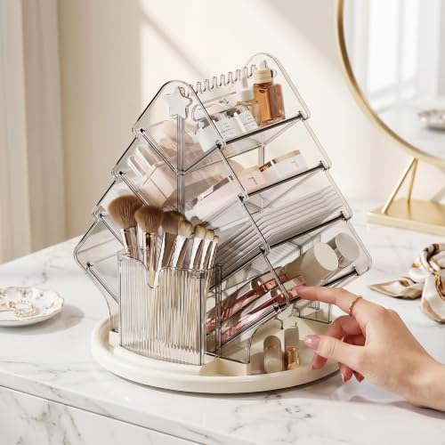 Rotating Makeup Organizer for Countertop, Large Clear Acrylic Cosmetic Caddy with Carry Handle & Necklace Hooks, 10 Tilted Compartments and 2 Brush Holders for Lipsticks, Skincare - Image 7