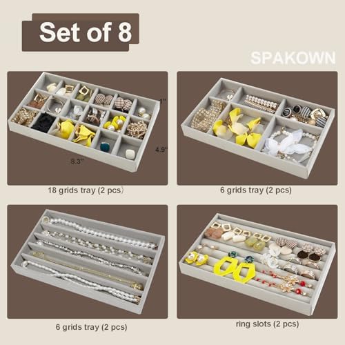 SPAKOWN Stackable Jewelry Organizer Trays for Drawer Set of 8 - Grey - Image 2