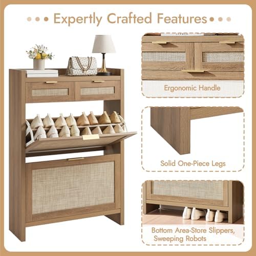 HOKYHOKY Rattan Shoe Storage Cabinet with 2 Drawers & 2 Flip Drawers - Image 6