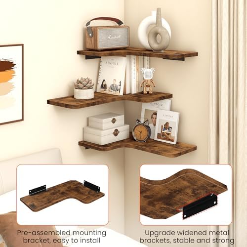 Homode Corner Floating Shelves, Corner Shelves Wall Mounted with Cord Hole, Set of 3 L Shape Wood Wall Storage Shelves for Living Room Bedroom Bathroom Kitchen, Rustic Brown - Image 5