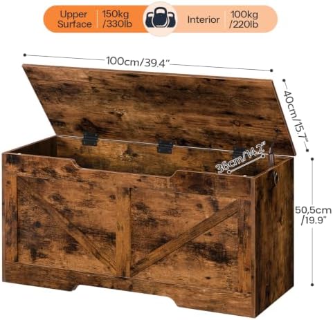 HOOBRO Storage Bench, 39.4” Retro Wooden Storage Chest with U-Shaped Cut-Out Pull, Safety Hinge, Supports 330 lb and Easy Assembly for Toy Box Organizer (Rustic Brown) BF771CW01G1 - Image 3