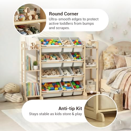 Kiddocood Kids Toy Storage Organizer with 12 Bins, 100% Solid Wood - Natural Finish Montessori Toy Organizer, BPA Free, CPC & TIC Certified Playroom Organization for Living Room & Nursery, 52.3" - Image 5