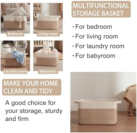 OIAHOMY Large Blanket Basket, 65L Cotton Rope Woven Laundry Basket, Toy Bin for Baby Room, Container for Blanket Storage in Living Room, 20''×16''×12'', Brown & White - Image 4