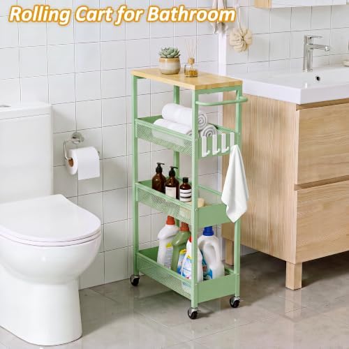 7.1" Wide Slim Storage Cart on Wheels, 4 Tier Metal Narrow Rolling Cart with Handle and Wood Top, Multifunctional Small Mobile Shelf Unit Organizer Trolley for Laundry, Bathroom, Kitchen - Image 5