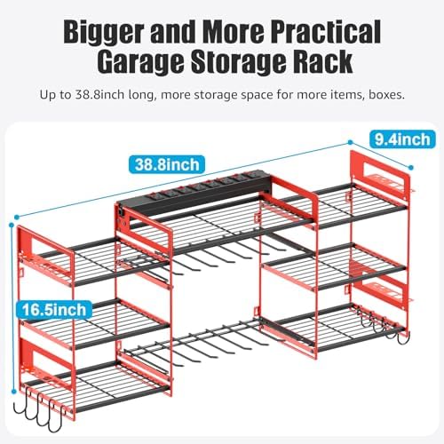 CCCEI Red Power Tool Organizer Wall Mount, Large Tools and Battery Storage Rack Charging Station Individual Switches. Drills Holder, Garage Utility Shelves with 6FT Power Strip. Gift for Men. - Image 5