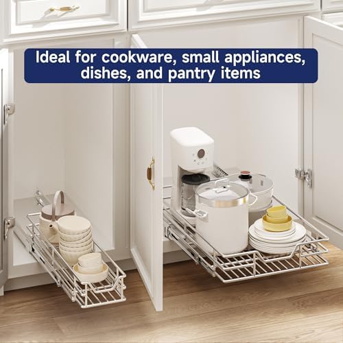 Pull Out Cabinet Organizer, 13.5" W x 21.5" D, Heavy Duty Chrome Slide Out Shelf for Base Cabinets, Sliding Wire Basket Drawer for Pantry Items, Bowls, Containers & Cleaning Supplies - Image 6