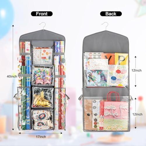 Christmas Wrapping Paper Organizer Storage, Hanging Gift Bag Storage Organizer, Double-Sided Wrapping Paper Holder Storage - Grey - Image 5