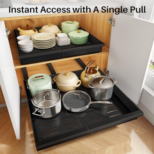 PXRACK Pull out Cabinet Organizer, 2-Pack Expandable(9"-14.2") Silde out Drawers with Raising Pad for Framed Cabinets, Adjustable Full-Extension for Kitchen Pantry Home Pot and Pan, Black - Image 6