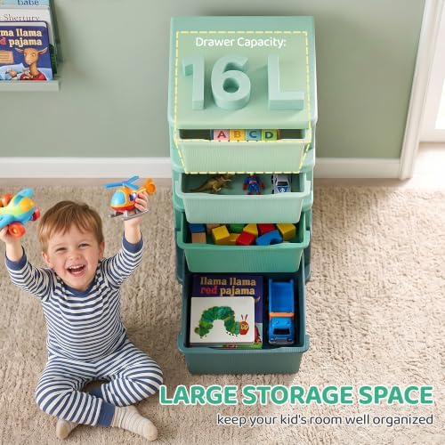 Qaba 4 Drawers Kids Storage Unit 4 Tier Toy Organizers Green - Image 4