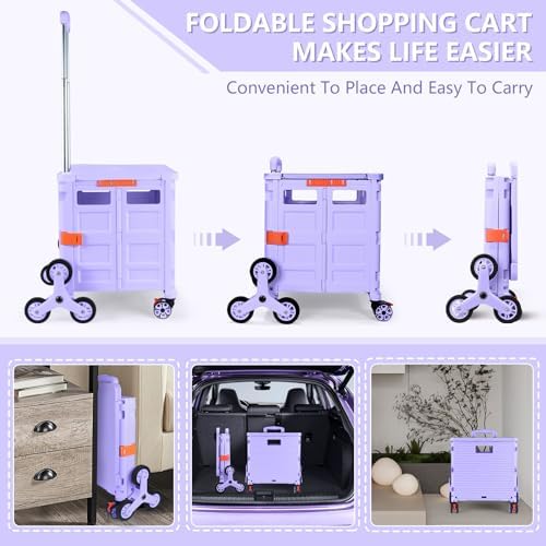 Foldable Utility Cart with Stair Climbing Wheels,Collapsible Rolling Crate with Magnetic Lid Telescopic Cover,Telescoping Handle,360° Rotate Wheel Hand Cart for teacher Shopping Moving Grocery(Purple) - Image 2