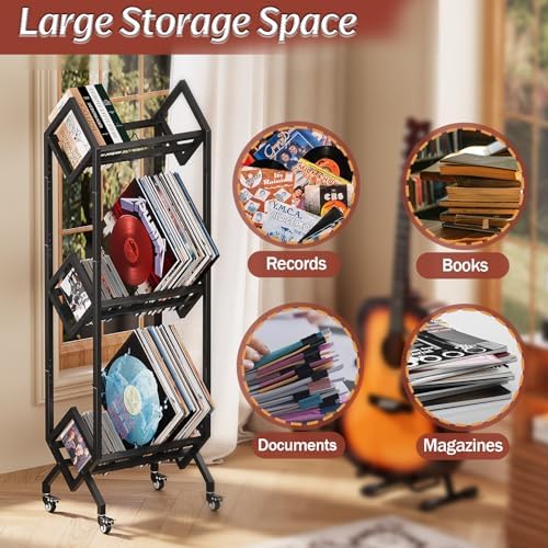 3 Tier Vinyl Record Storage Rack with Casters, Black Metal Record Holder - Image 5