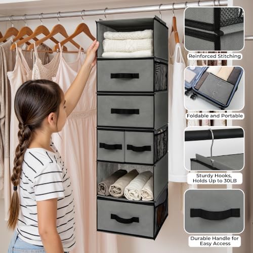 GRANNY SAYS Hanging Closet Organizer, 5 Drawers, 6 Shelves, 6 Pockets, Gray - Image 4