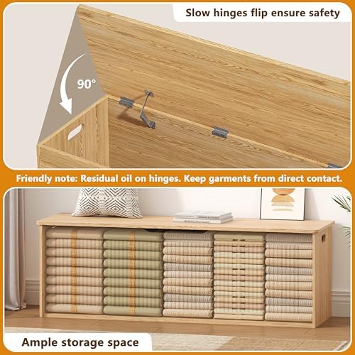 Akxomel 51.2" Fluted Storage Chest Wooden Storage Trunk 2 Safety Hinges Oak - Image 4