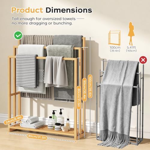 Bamboo Towel Rack Stand, 3 Tier Freestanding Bathroom Towel Drying Rack - Image 2