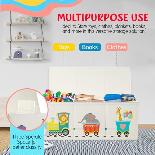 Extra Large Collapsible Sturdy Toy Storage Organizer with Lids, Animal Train Toy Box for Boys Girls, 40"x16"x16", Modern, Beige - Image 5