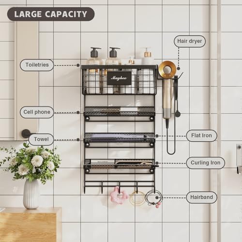 Magheo Hair Dryer Holder Wall Mounted, Adheisve Hair Tool Organizer for hair Brush/Appliance Wall Mount with 4 Tier Shelf Basket Hooks Blow Dryer and Straightener Holder for Bathroom(Black) - Image 3