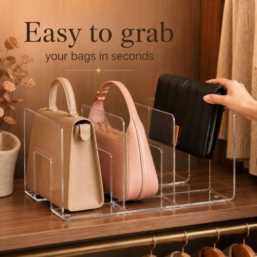 Glxgow 4 Pack Acrylic Purse Organizer for Closet, 12-Slot Clear Handbag Storage Compartments, No Assembly Shelf Divider for Wallets and Clutches - Image 6
