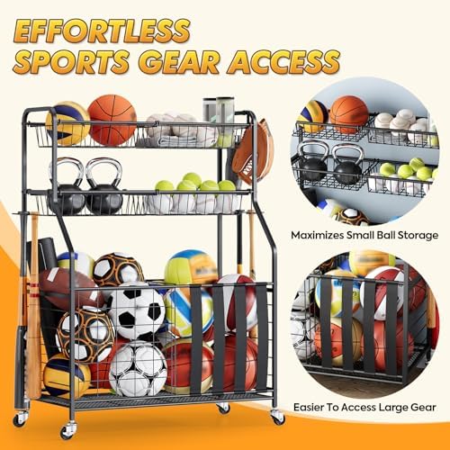 APEXCHASER Sports Equipment Organizer, Rolling Garage Ball Storage Rack - Image 3