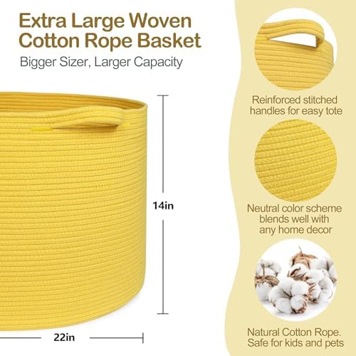 MEGASKET Extra Large Yellow Basket, 22” X 22” X 14” Cotton Rope Yellow Decor for Living Room Bedroom, Woven Basket for Blanket, Laundry, Towel, Shoe, Baby Nursery Toy Organizer, Room Decor Storage Bin - Image 2