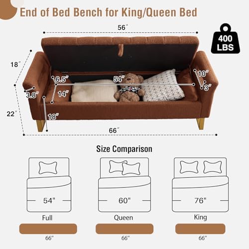 66" Storage Bench for Bedroom Upholstered End of Bed Bench King Size Brown - Image 2